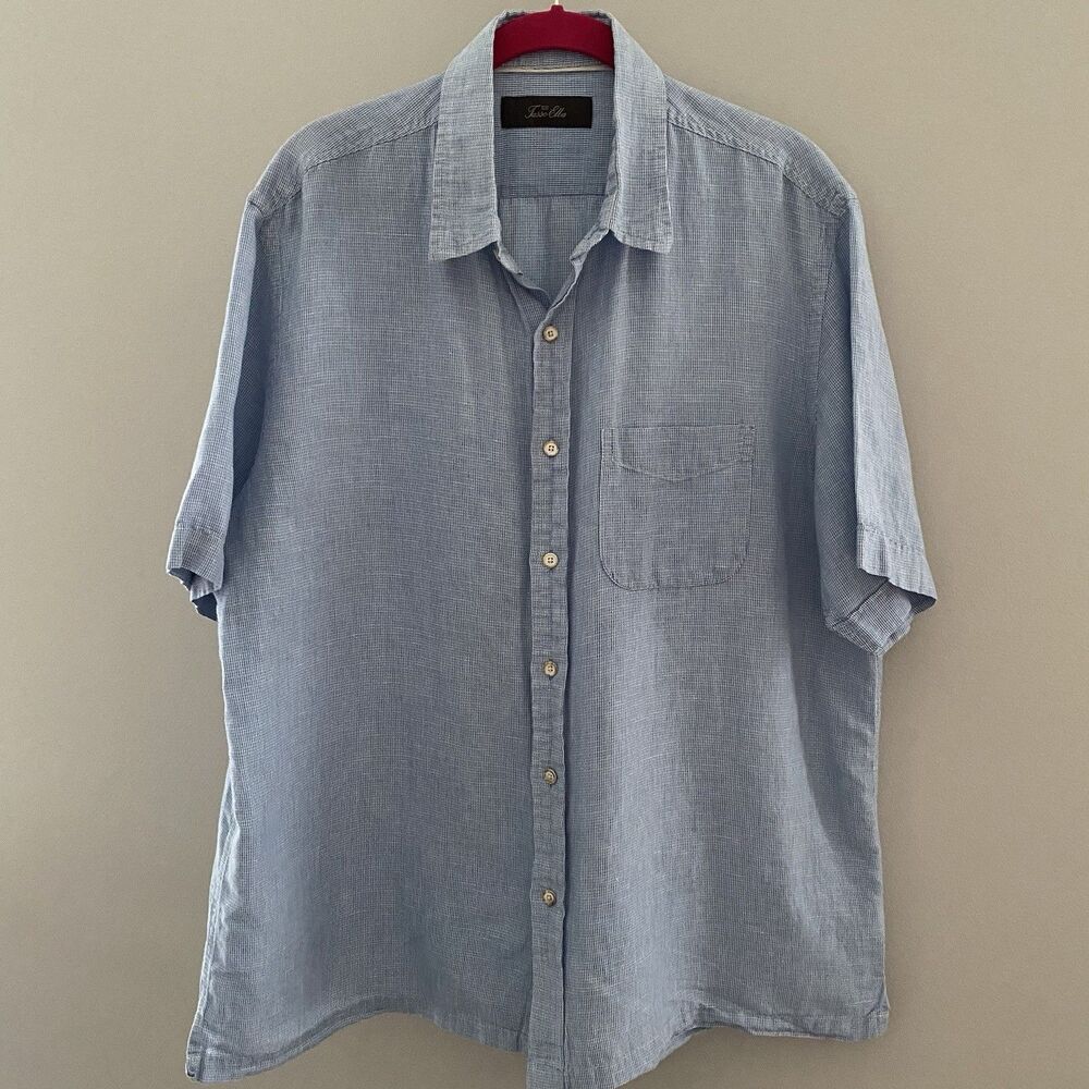 Tasso Elba Men's Blue Linen Cotton Short Sleeve Micro Check Button-Up Shirt L